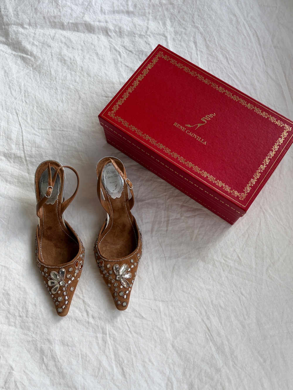 Vintage Rene Caovilla Crystal Rhinestone Suede Pointy Toe Heels Tan Silver - Picture 2 of 11